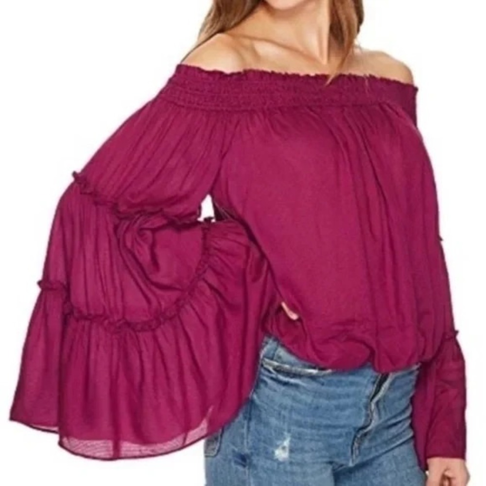 FREE PEOPLE Women XS Burgundy Free Spirit Tiered Bell Sleeve Cropped Top‎ Boho